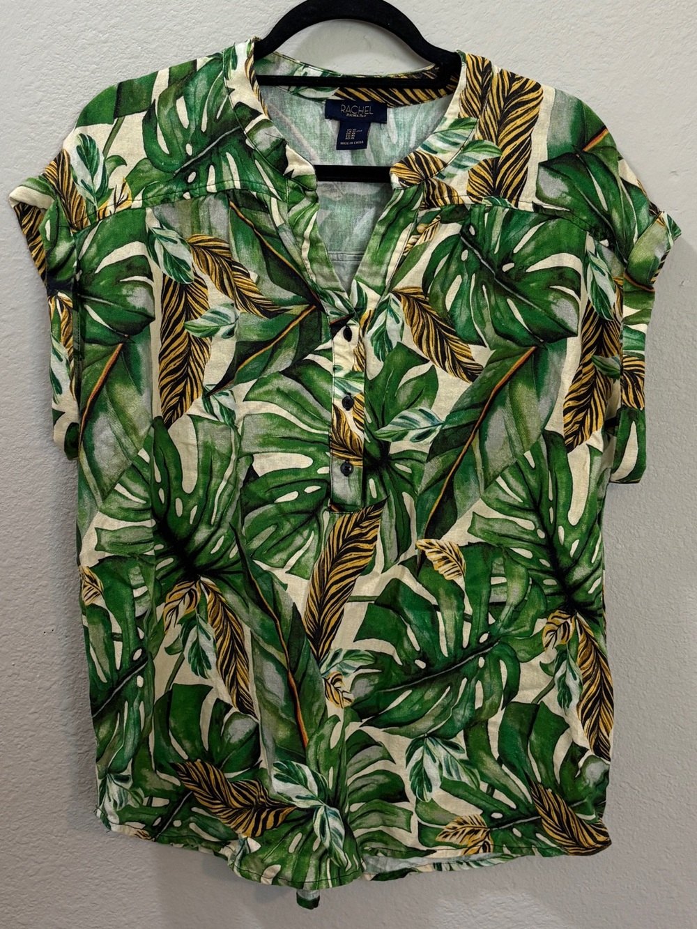 Rachel Roy Tropical Leaf Print Button Detail Linen Blend Blouse Size XL